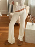 Holiday Style Design Feel Waist Solid Color Knitted Pants Women Low-Rise White Loose Straight Slacks HZ0108