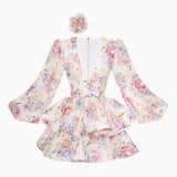 Summer Holiday Breeze Floral Dress Women's A-Shaped Dress Deep V-Neck Bubble Sleeves Slimmed Back Thin Babes HZ0108