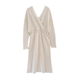 The Waist Display Thin Cross-Collar Knitted Dress Women 2025 Autumn And Winter With Coat V-Neck Long Bottom Sweater Dress HZ0108