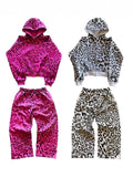 Trendy New Winter Leopard Hooded Cardigan Blouse Loose Casual Hip-Hop Broad Leg Trousers Set HZ0108
