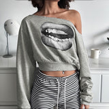 Street Style Personality Lips Printed Gray Edgy Woman Comfortable Loose Short-Sleeved Long-Sleeved Top HZ0107
