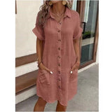 2025 Casual Solid Cotton Buckle Long Short-Sleeved Loose Shirt Dress Women's Dress HZ0108
