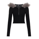 Vintage Hair Splicing Hair Collar Zipper Short Hoodie Women Autumn And Winter New Hottie Waist Thin Coat Tide HZ0107