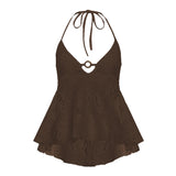 Bohemia Holiday Wind-Lwinded Back Strap Hanging Neck Sling Vest Hollow Ring Design V-Neck Lace Top HZ0107