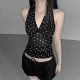 2025 New Black Wave Point Bare Back V-Neck Hanging Neck Top Female Design Temperament Waist Ocean Vest HZ0107