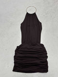 Holiday Wind Metal Ring Hanging Neck Sleeveless Back Splicing Bag Hip Dress Sexy Hot Girl Solid Dress Woman HZ0107