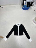 Spice Girl Style Elegant Black And White Hairy Woven Cardigan Autumn Slim Long Sleeve Rollover Short Top HZ0107