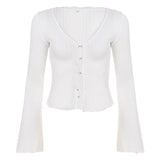 Gentle Lace Lace Wood Ear Splicing V Collar Horn Long-Sleeved T-Shirt Spring And Summer Slim Thin Umbilly Blouse HZ0107