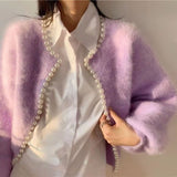 Spring And Autumn Imitation Stingy Knitted Women's Loose Lazy Lantern Sleeve Nail Pearl Side Sweater Knitted Cardigan HZ0108