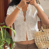 French Girl Wind Butterfly Texture Lace V-Neck Buckle Shirt Sweet Waist Thin And Age-Reduced Short Sleeves HZ0107