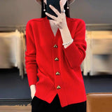 2025 Autumn And Winter New Pure Color Simple Knitted Shirt Love Buckle V Collar Women's Cardigan Outside The Loose Sweater Jacket HZ0108