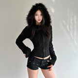 Autumn And Winter Women's Wool Black Hooded Wool Knitted Cardigan Silk Sweater Zip Short Coat HZ0107
