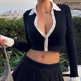 Spice Girl Style Elegant Black And White Hairy Woven Cardigan Autumn Slim Long Sleeve Rollover Short Top HZ0107