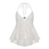 Bohemia Holiday Wind-Lwinded Back Strap Hanging Neck Sling Vest Hollow Ring Design V-Neck Lace Top HZ0107
