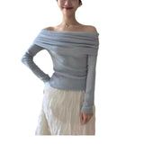French High-Level Sense Shoulder Long-Sleeved Knitted Shirt Spring Temperament Gentle And Elegant Shoulder Chic Beautiful Little Blouse Tide HZ0108