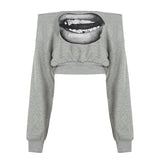 Street Style Personality Lips Printed Gray Edgy Woman Comfortable Loose Short-Sleeved Long-Sleeved Top HZ0107