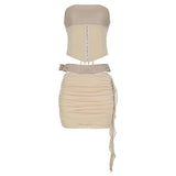 Sexy Strap Girded Waist Leather Splicing Bra + Folded Cross Lotus Leaf Side Short Skirt Girl HZ0108