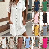 2025 Casual Solid Cotton Buckle Long Short-Sleeved Loose Shirt Dress Women's Dress HZ0108