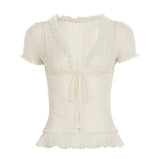 French V-Neck Lace Pure Desire Blouse Female Wind Perception Low Tie Strap Wood Ear Thin Top HZ0108