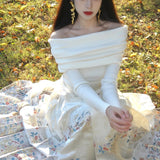 French High-Level Sense Shoulder Long-Sleeved Knitted Shirt Spring Temperament Gentle And Elegant Shoulder Chic Beautiful Little Blouse Tide HZ0108