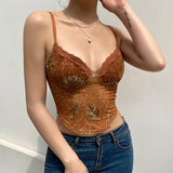 New Summer New Sexy Women's Retro Mesh Lace-Printing Sling Umbilly Blouse HZ0108