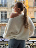Sweet Girl Wind Solid Water Stinger Hairy Shoulder Languid Loose Sweater Oblique Shoulder Collar Long Sleeve Top HZ0108