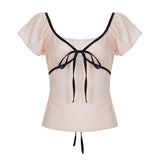Sweet Bump Design With Reduced Age Cute Bow Knit T-Shirt Short-Sleeved V-Neck Thin T-Shirt Blouse Woman HZ0108