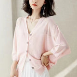 Spring And Summer Ice Silk Sunscreen Air-Conditioning Shirt Thin Hoodie Large Size Fat Mm Seven Sleeves Outside The Knitted Open Shirt Women's Coat HZ0108