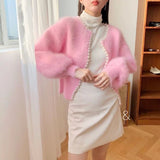 Spring And Autumn Imitation Stingy Knitted Women's Loose Lazy Lantern Sleeve Nail Pearl Side Sweater Knitted Cardigan HZ0108