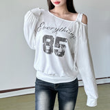 Hottie Wind Slanted Shoulder With Letter Print Loose T-Shirt Girl Autumn Casual Fashion With Long-Sleeved Top HZ0107
