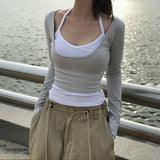 Autumn New Stripes Splicing Two Sets Of Casual Blouse Hottie Foundation Hanging Neck Sling Long-Sleeved T-Shirt Girl HZ0107