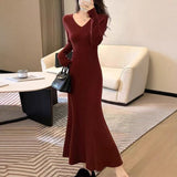 Yujie Style V Collar Temperament Knitted Dress Women Autumn And Winter Dress Dress Inside The Dress With A Long Skirt Sweater Clad Fishtail Skirt HZ0108