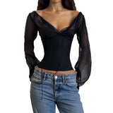 New Spice Girls Sexy Black Perspective V-Neck Chiffon Shirts Slim Slim Long Sleeve T-Shirts Summer HZ0107