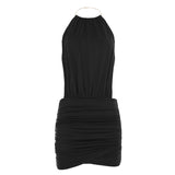 Holiday Wind Metal Ring Hanging Neck Sleeveless Back Splicing Bag Hip Dress Sexy Hot Girl Solid Dress Woman HZ0107