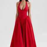 Women's Spring New Temperament Pure Color Elegant Hanging Neck Deep V Folds New Year Dress Dress Dress HZ0108