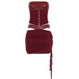 Sexy Strap Girded Waist Leather Splicing Bra + Folded Cross Lotus Leaf Side Short Skirt Girl HZ0108