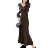 Yujie Style V Collar Temperament Knitted Dress Women Autumn And Winter Dress Dress Inside The Dress With A Long Skirt Sweater Clad Fishtail Skirt HZ0108