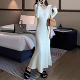 Yujie Style V Collar Temperament Knitted Dress Women Autumn And Winter Dress Dress Inside The Dress With A Long Skirt Sweater Clad Fishtail Skirt HZ0108