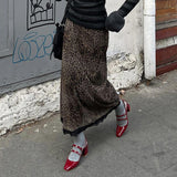 Vintage Leopard Splicing Lace Skirt Autumn New Trendy High Waist Slim Long Dress HZ0107