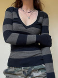 Vintage Sexy V-Neck Striped Wool Blouse New Slimy Individual Street Sleeve Sweater HZ0108