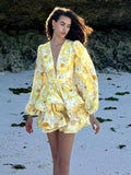 Summer Holiday Breeze Floral Dress Women's A-Shaped Dress Deep V-Neck Bubble Sleeves Slimmed Back Thin Babes HZ0108
