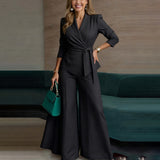 Autumn 2025 New Women's Sexy Round Collar Blouse High-Waist Broad Leg Trousers Fashion Casual Set HZ0108