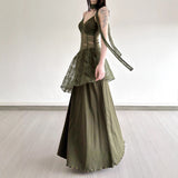 Gothic Retro Style Lace Splicing V-Necked Sling Dress Woman 2025 Sensior Ancient Sense Perspective A Swing Dress HZ0107