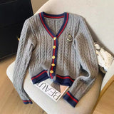Vintage College Wind V-Neck Collidered Knitted R-Shirt 2025 Autumn/Winter New Ocean-Skinny Sweater Woman HZ0108