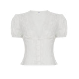 French Girl Wind Butterfly Texture Lace V-Neck Buckle Shirt Sweet Waist Thin And Age-Reduced Short Sleeves HZ0107