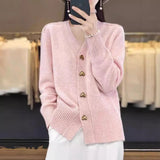 2025 Autumn And Winter New Pure Color Simple Knitted Shirt Love Buckle V Collar Women's Cardigan Outside The Loose Sweater Jacket HZ0108