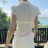 Split Design Collar Buckle Thin Short Sleeve Shirt Hot Girl Sexy Waist Thin Temperament Short Top HZ0107