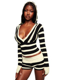 New Fashion Trend Hooded Long-Sleeved Striped Blouse Casual Shorts Set In Fall 2025 HZ0108
