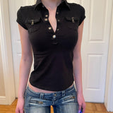 2025 Work Style Collar Short-Sleeved T-Shirt New Hot Girl Slimming Design Zipper Shirt Woman HZ0107