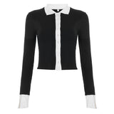 Spice Girl Style Elegant Black And White Hairy Woven Cardigan Autumn Slim Long Sleeve Rollover Short Top HZ0107